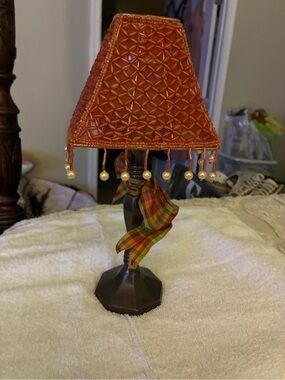 Vintage-like Boho Beaded Mini candle holder burnt orange beaded shade fringe